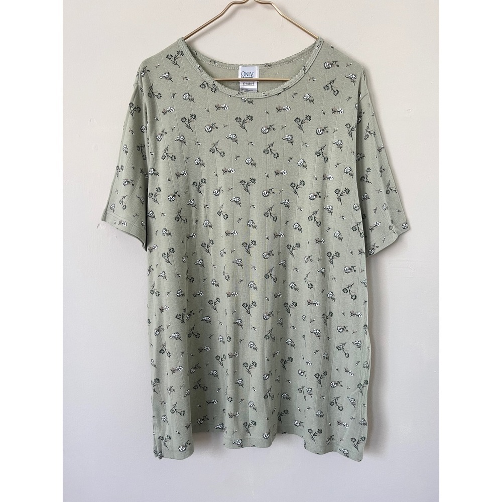 Only Vintage Sage Green Floral Ribbed Short Sleeve Crew Neck Top Size XL